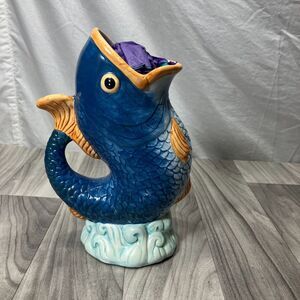 1998 CBK LTD LLC Open Mouth Fish Vase Blues Brown Vintage Excellent